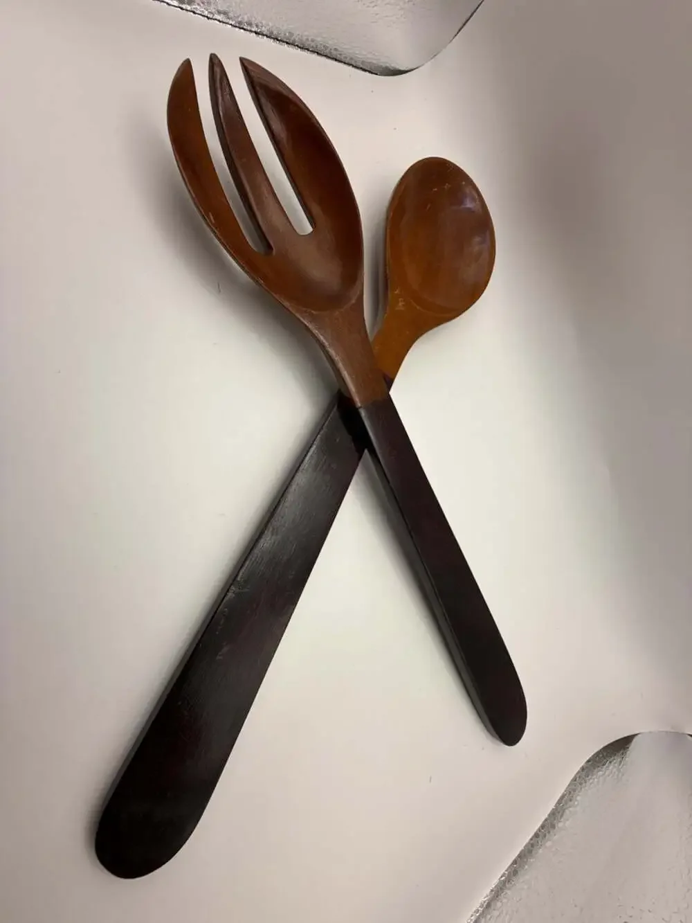 Vintage Mid-Century Two-Tone Hardwood Salad Serving Spoon and Fork Set